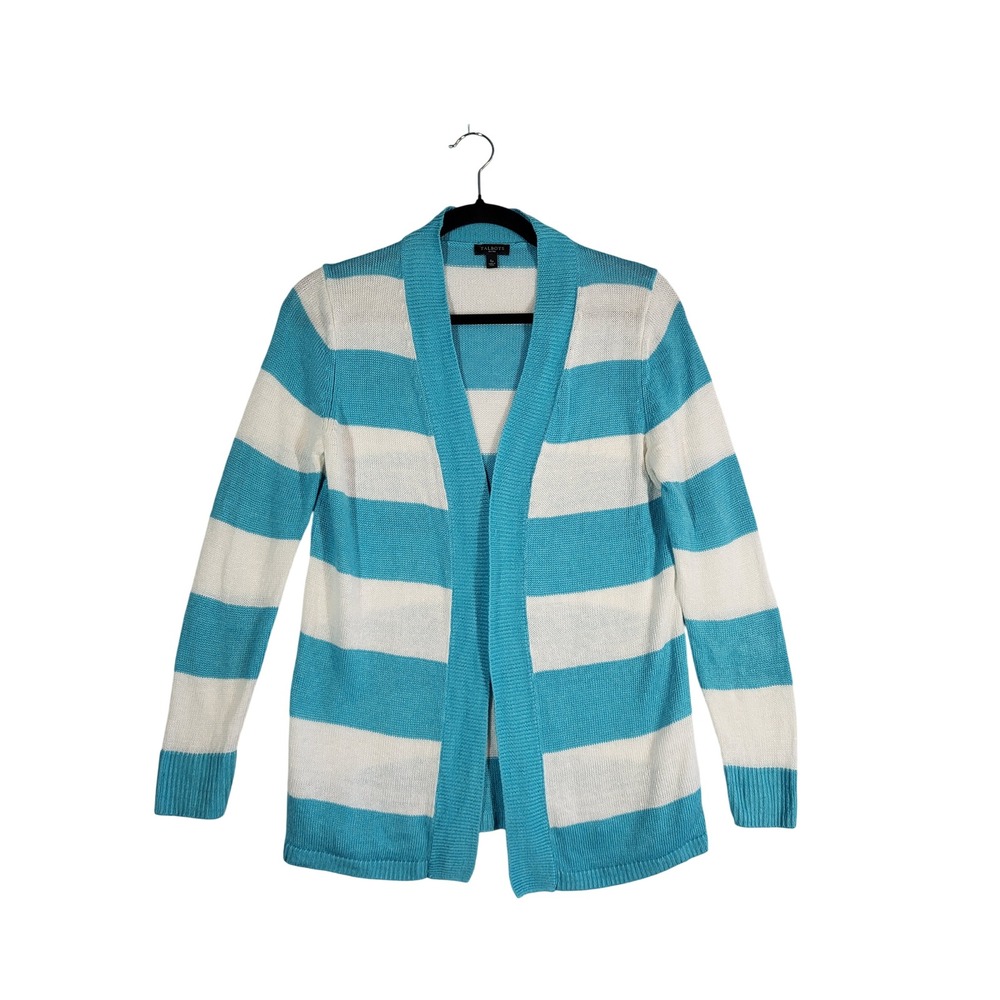 Talbots Petite Small Turquoise White Stripe 100% Linen Open Front Cardigan Beach